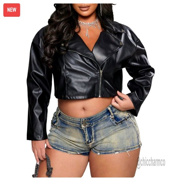 Faux Leather Bomber Jacket Plus Size Crop Motorcycle Biker Style Outerwear